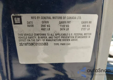 2008 Chevrolet Impala Lt z USA, uszkodzony, nr VIN 2G1WT58K381355063